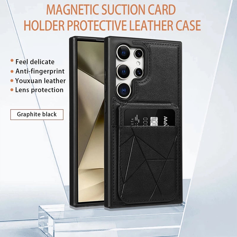 Magnetic Card Holder Kickstand Leather Case Cover For Samsung Series S24 Plus/S24 Ultra/S25 Ultra/S26 Ultra (Black) - Image 1