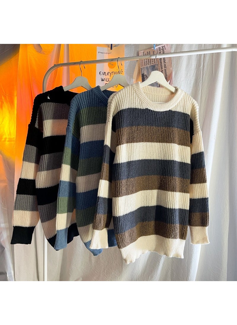 Generic - 1 x 5 pcs Thick Stripe Sweater Men Autumn Winter Loose Knit Pullover Brown - Image 1