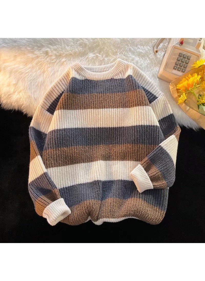 Generic - 1 x 5 pcs Thick Stripe Sweater Men Autumn Winter Loose Knit Pullover Brown - Image 1