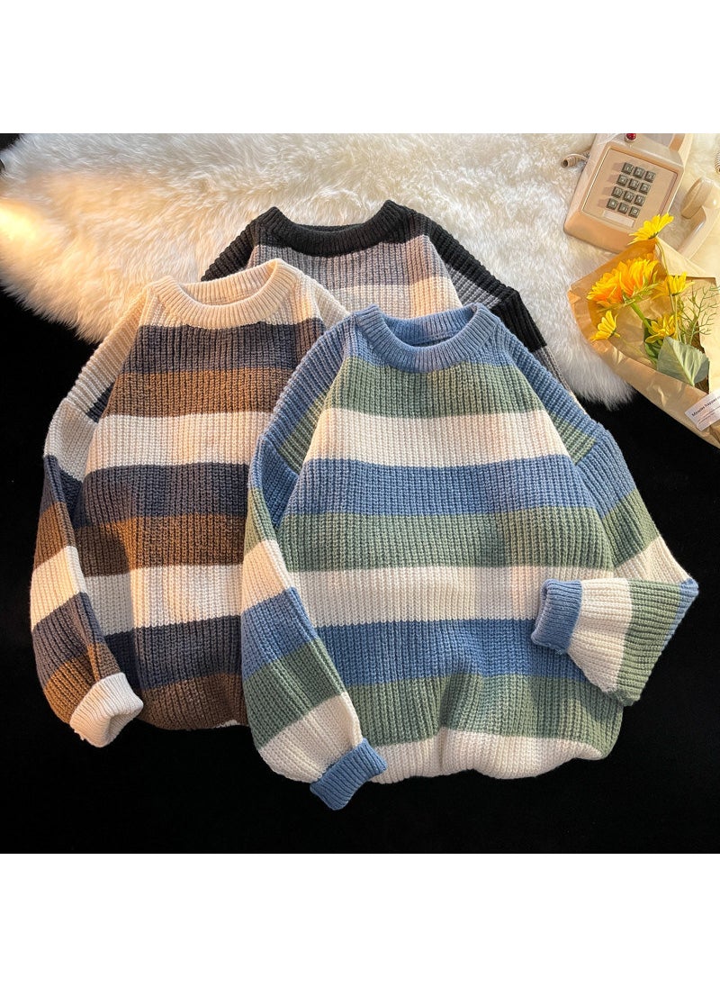Generic - 1 x 5 pcs Thick Stripe Sweater Men Autumn Winter Loose Knit Pullover Brown - Image 1