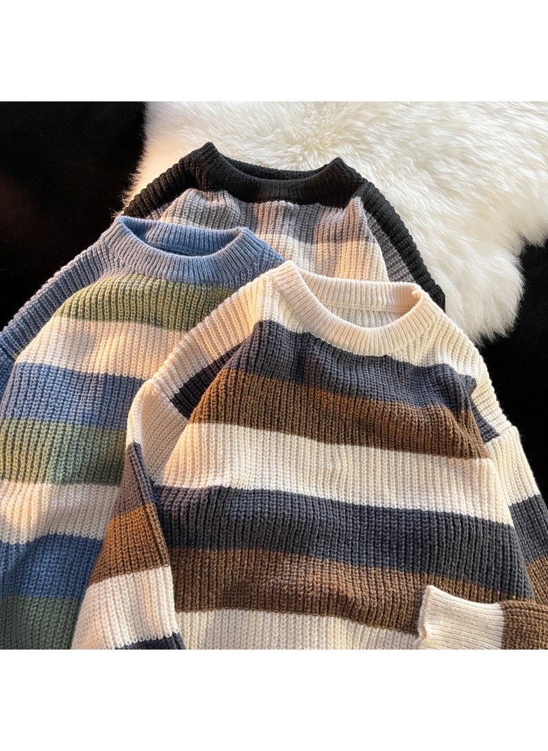 Generic - 1 x 5 pcs Thick Stripe Sweater Men Autumn Winter Loose Knit Pullover Brown - Image 1