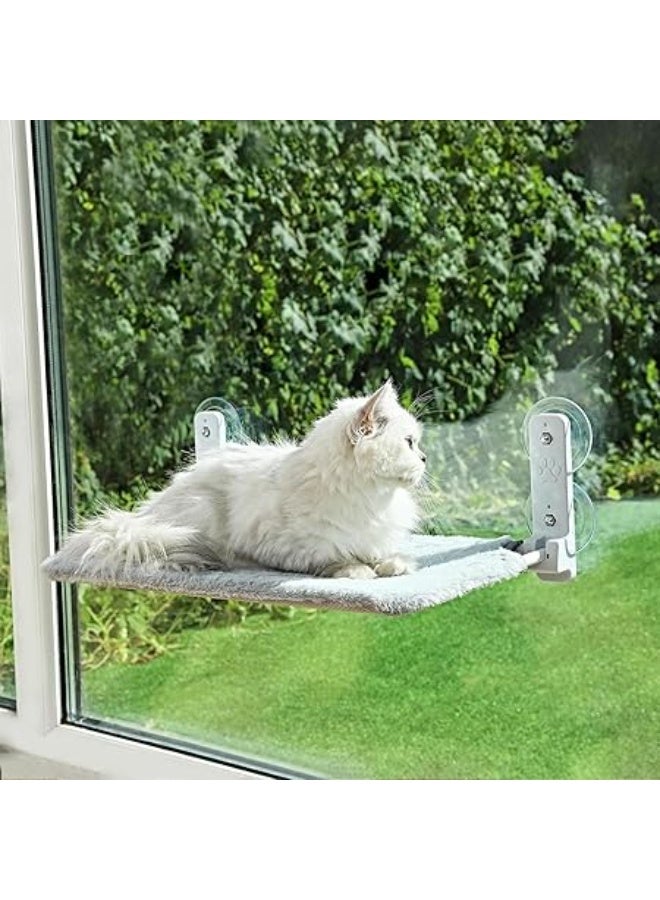 مقعد علوي للنافذة للقطط : أرجوحة قطط لاسلكية قابلة للطي مع 4 أكواب شفط قوية بإطار معدني صلب ووسادة قطيفة ناعمة لترتخي القطط في حمامات الشمس والقيلولة - Image 1
