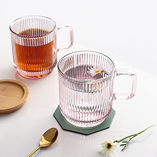 Lysenn Pink Glass Coffee Mug with Lid - Premium Classical Vertical Stripes Glass Tea Cup - for |Latte|Tea|Chocolate|Juice|Water| - Unleaded - Bamboo Lid - 12.5 Ounces - Image 3