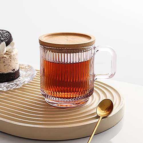 Lysenn Pink Glass Coffee Mug with Lid - Premium Classical Vertical Stripes Glass Tea Cup - for |Latte|Tea|Chocolate|Juice|Water| - Unleaded - Bamboo Lid - 12.5 Ounces - Image 5