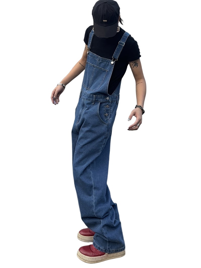 Men's Denim Overalls with Suspenders, Trendy Loose-Fit Versatile Casual Workwear with Side Pockets - Image 1
