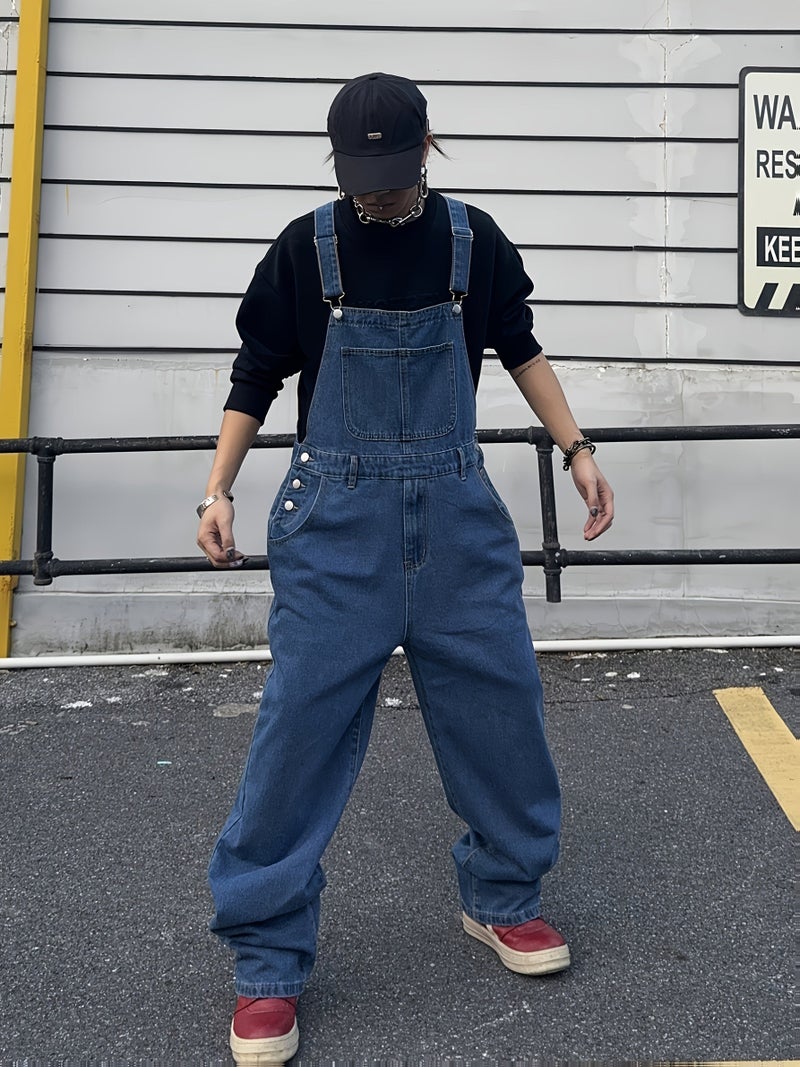 Men's Denim Overalls with Suspenders, Trendy Loose-Fit Versatile Casual Workwear with Side Pockets - Image 4