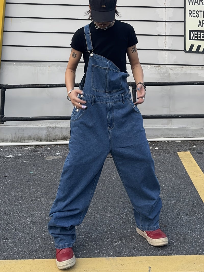 Men's Denim Overalls with Suspenders, Trendy Loose-Fit Versatile Casual Workwear with Side Pockets - Image 2