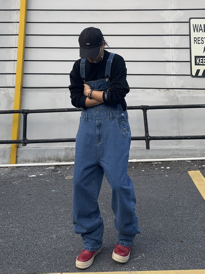 Men's Denim Overalls with Suspenders, Trendy Loose-Fit Versatile Casual Workwear with Side Pockets - Image 3