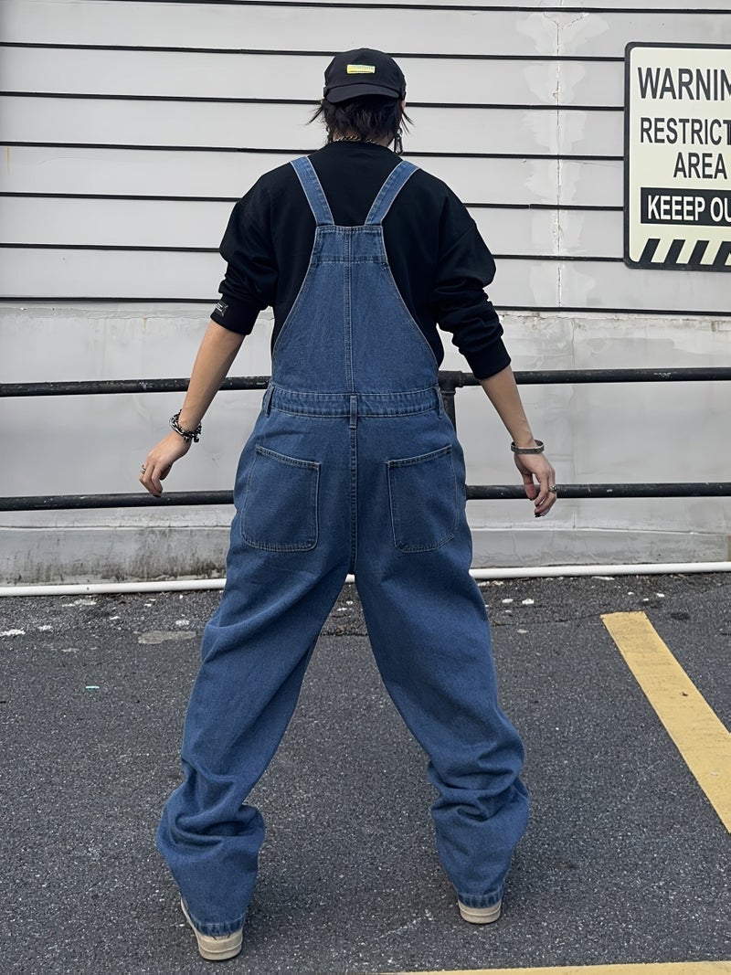 Men's Denim Overalls with Suspenders, Trendy Loose-Fit Versatile Casual Workwear with Side Pockets - Image 5
