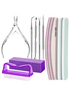 KHAJUL 12 PCS Nail Files and Buffer Block Set, Cuticle Nippers with 100/180 Emery Boards Nail Buffer Kit, Pusher Toenail Lifter Peeler Scraper Nail Brush, For Manicure and Pedicure Tools (Purple)  - Image 1