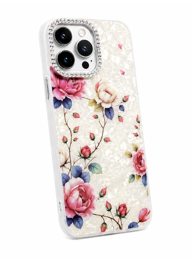 VR CREATIVE Protective Case Cover for Apple iPhone 16 Pro Max with Floral Marble Flower Print Transparent TPU + PC Shockproof Back Cover Design 3 - Image 1