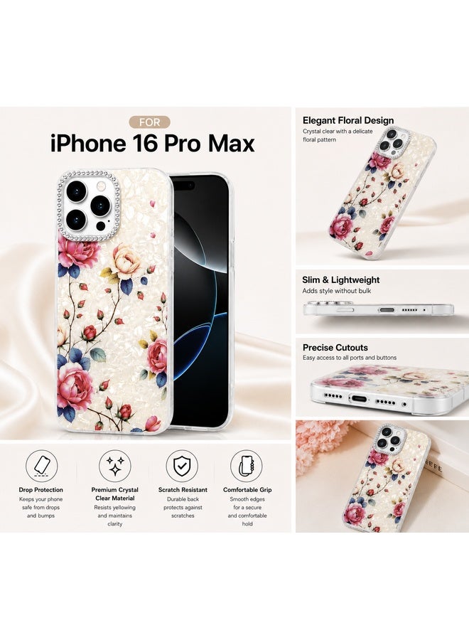 VR CREATIVE Protective Case Cover for Apple iPhone 16 Pro Max with Floral Marble Flower Print Transparent TPU + PC Shockproof Back Cover Design 3 - Image 4
