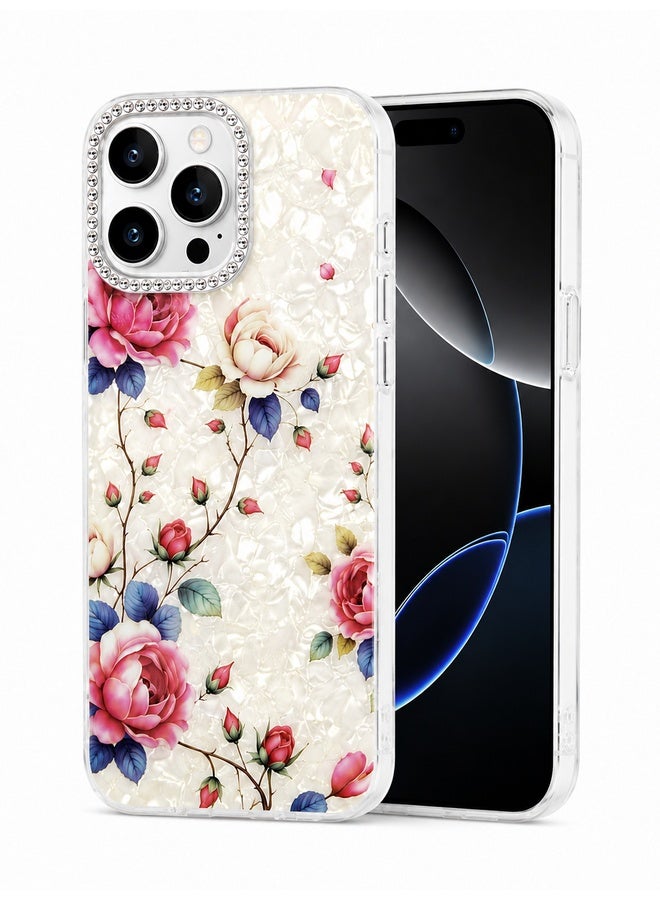 VR CREATIVE Protective Case Cover for Apple iPhone 16 Pro Max with Floral Marble Flower Print Transparent TPU + PC Shockproof Back Cover Design 3 - Image 2