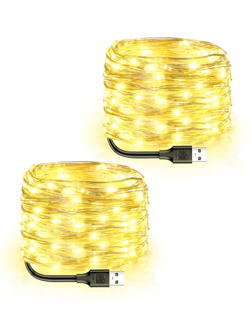 أضواء الجنية المضيئة من بلينغستار تعمل بالطاقة عبر USB - عبوة من 2 - 33 قدم - 100 لمبة LED سلك فضي مرن للأضواء الصغيرة لتزيين شجرة عيد الميلاد وغرفة النوم والتخييم والعطلات والديكور الداخلي باللون الأبيض الدافئ