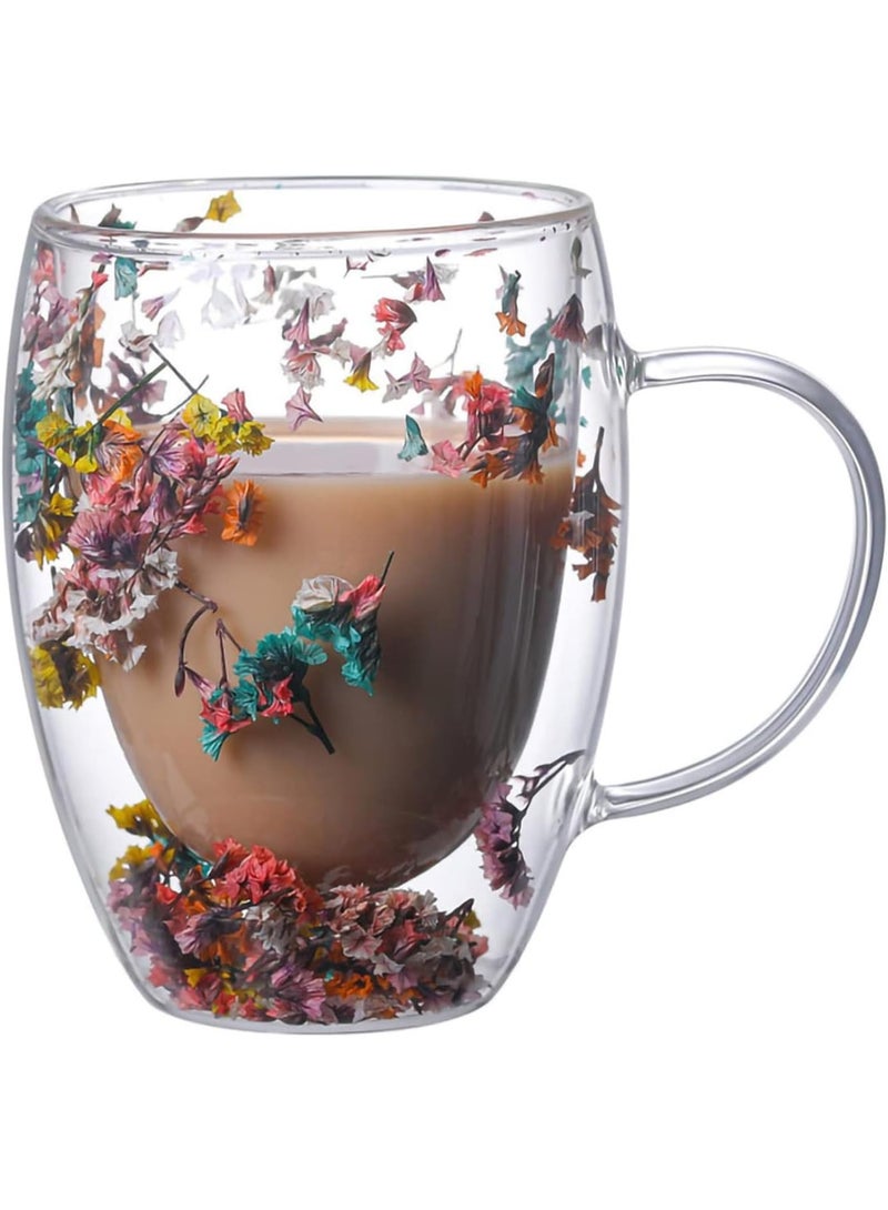 كوب زجاج مزدوج الجدار مع يد 350 مل – كوب قهوة معزول شفاف، مقاوم للحرارة للشاي، تصميم زهرة أنيق، زجاج بوريكس متين وخفيف الوزن للمشروبات الساخنة والباردة، مثالي للكابتشينو واللاتيه - Image 1