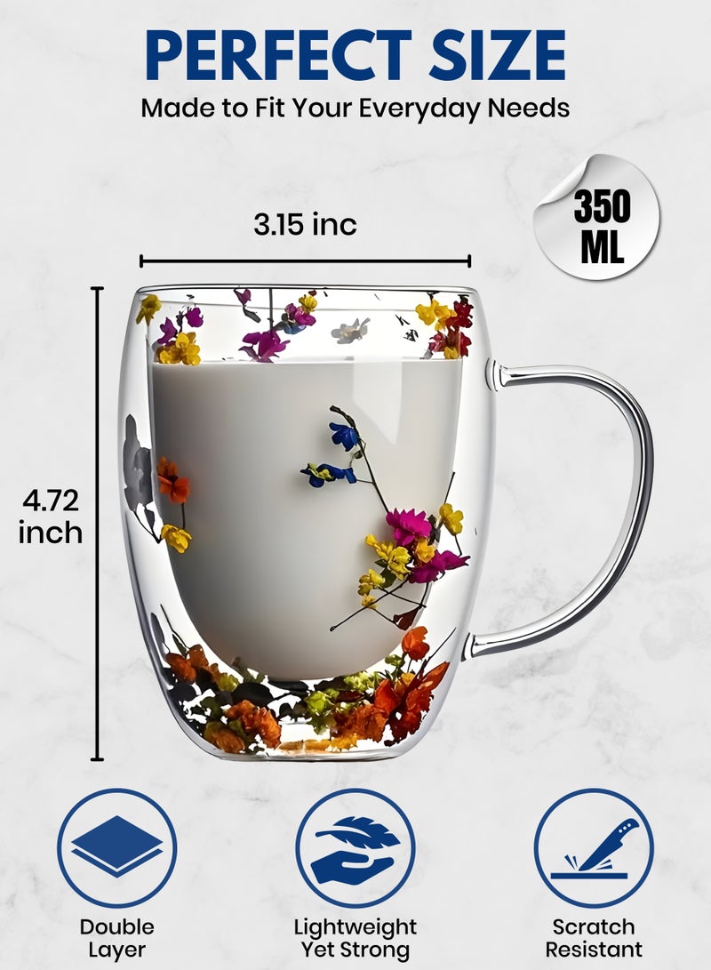 كوب زجاج مزدوج الجدار مع يد 350 مل – كوب قهوة معزول شفاف، مقاوم للحرارة للشاي، تصميم زهرة أنيق، زجاج بوريكس متين وخفيف الوزن للمشروبات الساخنة والباردة، مثالي للكابتشينو واللاتيه - Image 2