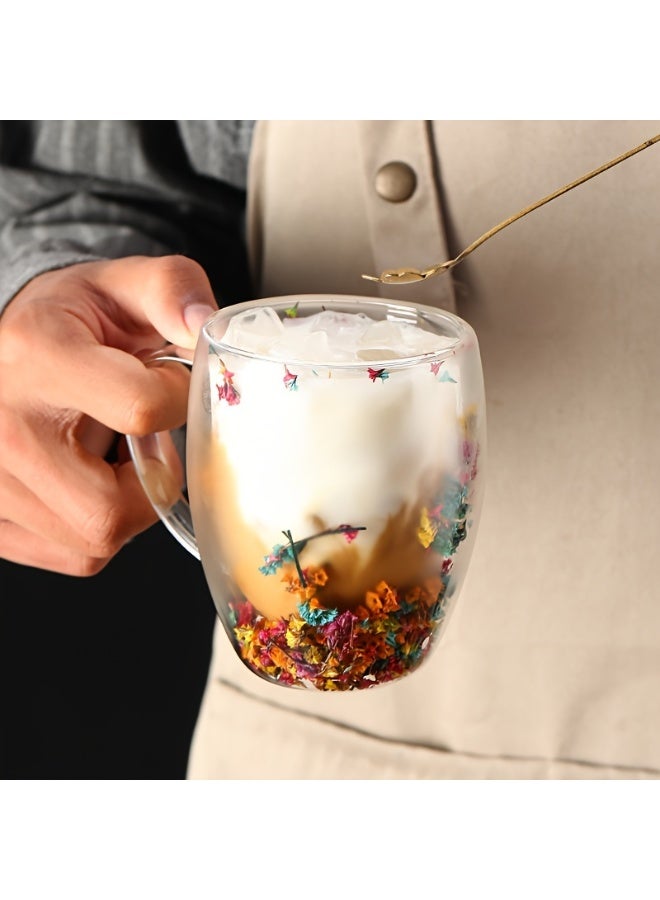 كوب زجاج مزدوج الجدار مع يد 350 مل – كوب قهوة معزول شفاف، مقاوم للحرارة للشاي، تصميم زهرة أنيق، زجاج بوريكس متين وخفيف الوزن للمشروبات الساخنة والباردة، مثالي للكابتشينو واللاتيه - Image 4