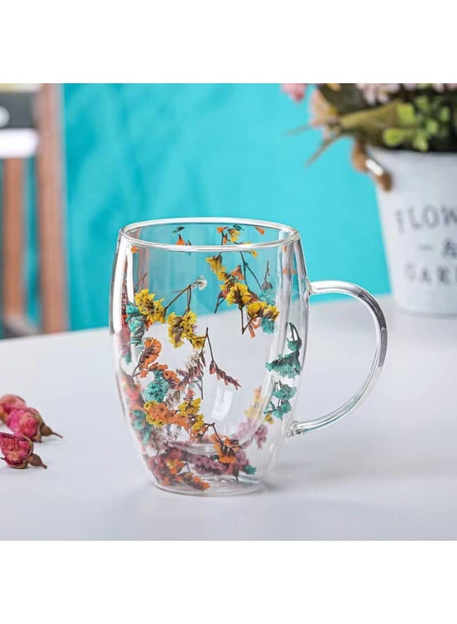 كوب زجاج مزدوج الجدار مع يد 350 مل – كوب قهوة معزول شفاف، مقاوم للحرارة للشاي، تصميم زهرة أنيق، زجاج بوريكس متين وخفيف الوزن للمشروبات الساخنة والباردة، مثالي للكابتشينو واللاتيه - Image 5