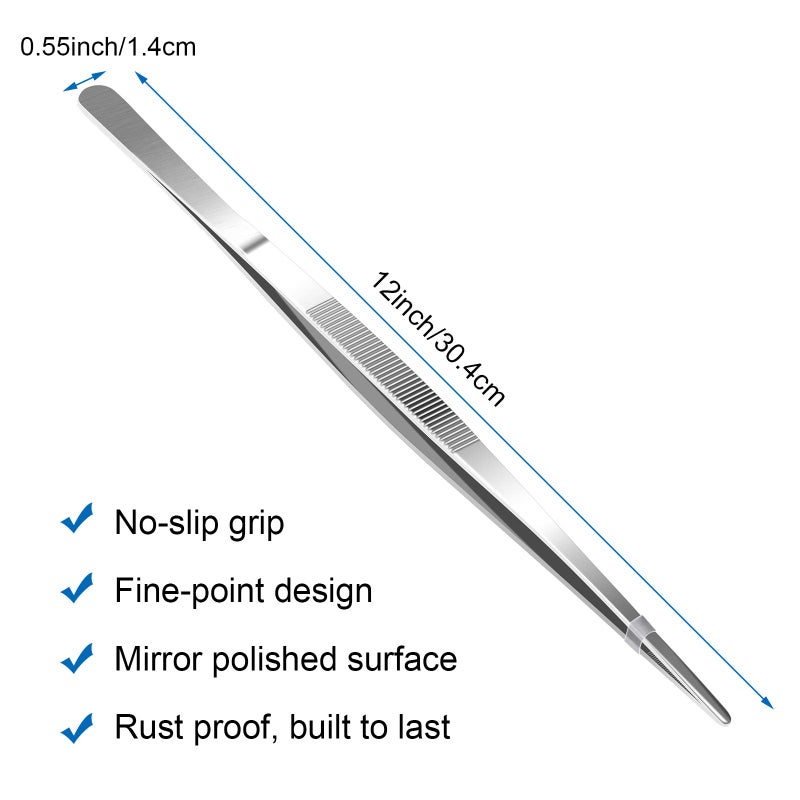 AHIER 12inch Kitchen tweezer Stainless Steel, Long tweezer with Precision Serrated Tips for Cooking Pincette for Sea food, Bar Tweezer - Image 2