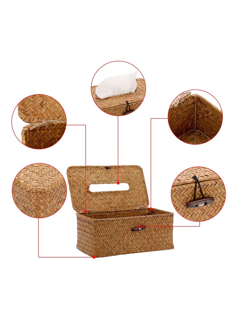 Rectangular Woven Tissue Box Holder, Seagrass Tissue Box Cover, Decorative Napkin Holder Pumping Paper Case Dispenser, Tissue Holders with Flip-Open Top, Tissues Cube for Home Office Bathroom - Image 4