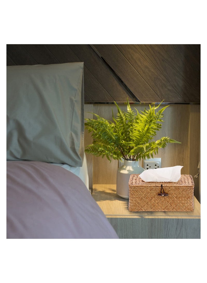Rectangular Woven Tissue Box Holder, Seagrass Tissue Box Cover, Decorative Napkin Holder Pumping Paper Case Dispenser, Tissue Holders with Flip-Open Top, Tissues Cube for Home Office Bathroom - Image 2