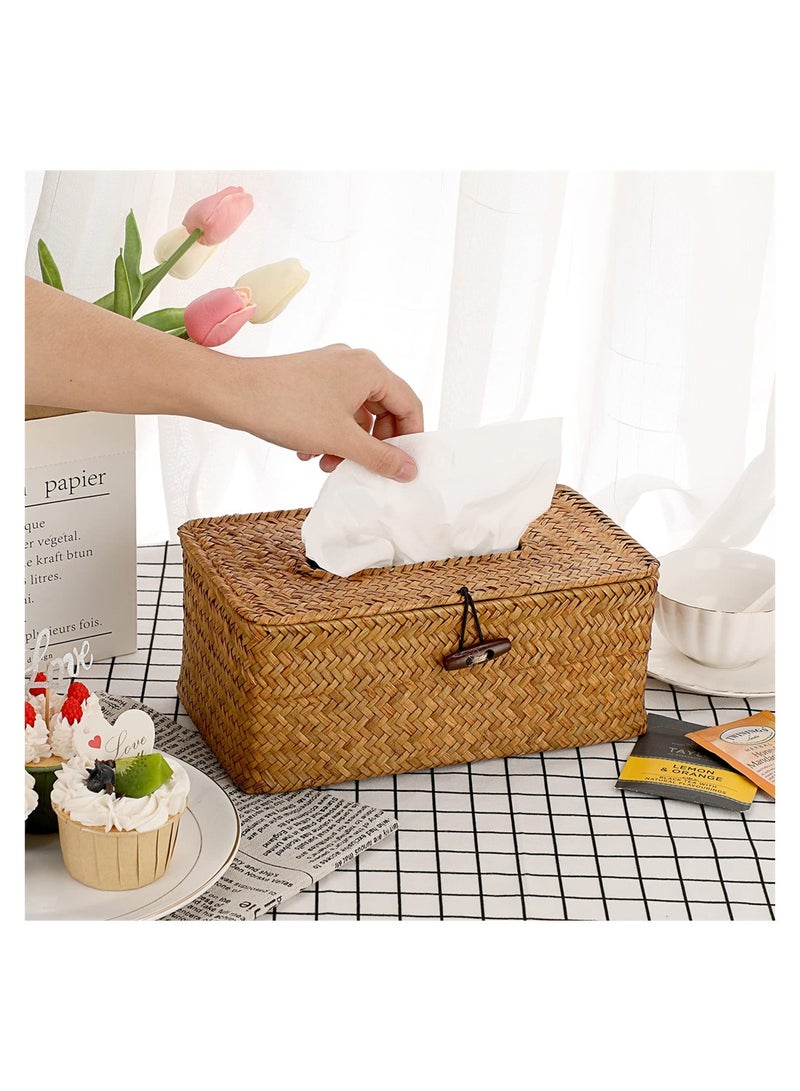Rectangular Woven Tissue Box Holder, Seagrass Tissue Box Cover, Decorative Napkin Holder Pumping Paper Case Dispenser, Tissue Holders with Flip-Open Top, Tissues Cube for Home Office Bathroom - Image 3