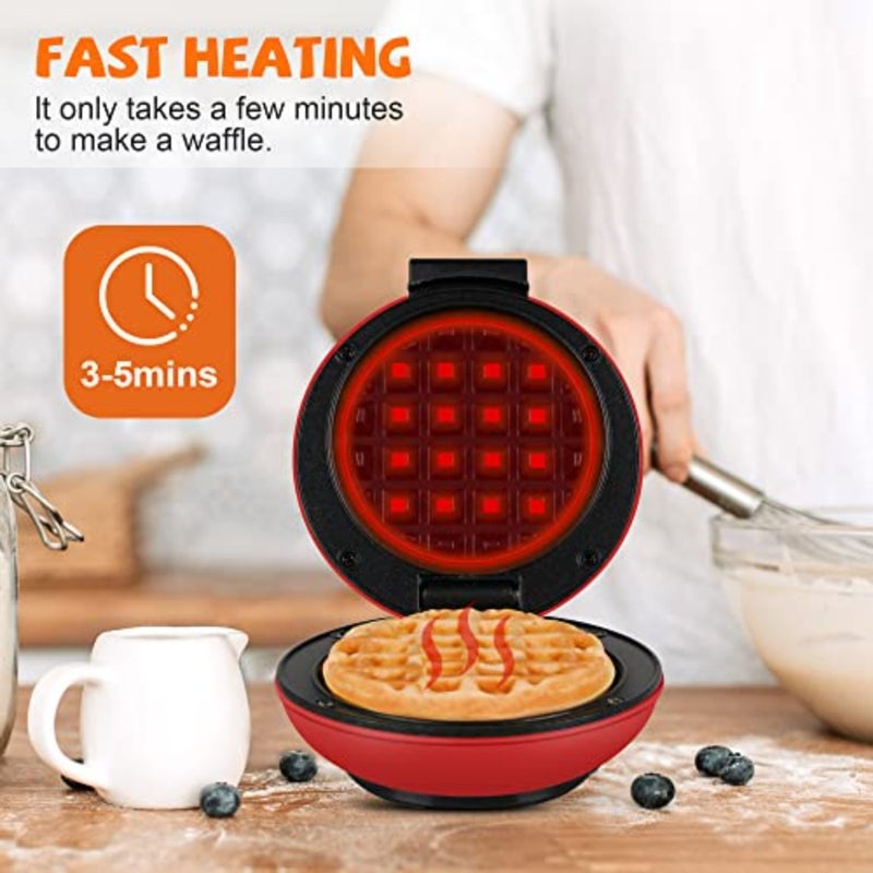 Mini Waffle Maker Machine, 4 Inch Chaffle Maker with Compact Design, Easy to Clean, Non-Stick Surface, Recipe Guide Included, Perfect for Breakfast, Dessert, Sandwich, or Other Snacks, Red - Image 2