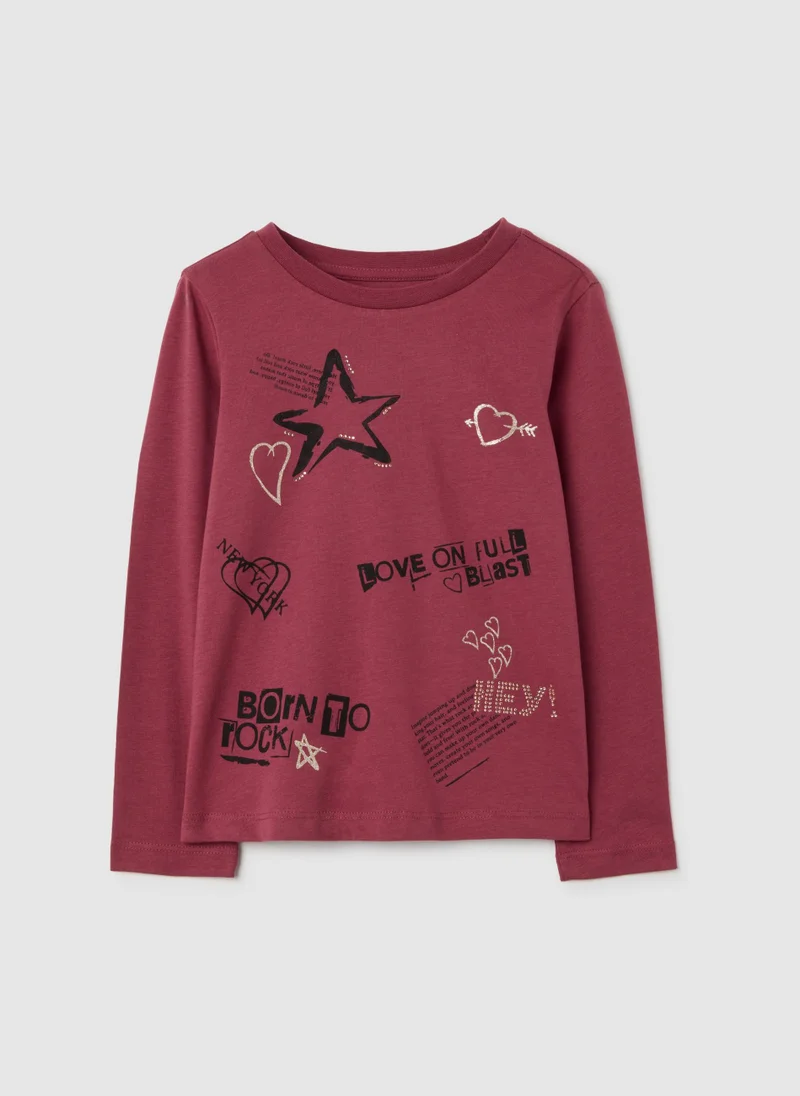 Ovs GIRLS' PURE RED COTTON REGULAR FIT TOP WITH STARS
