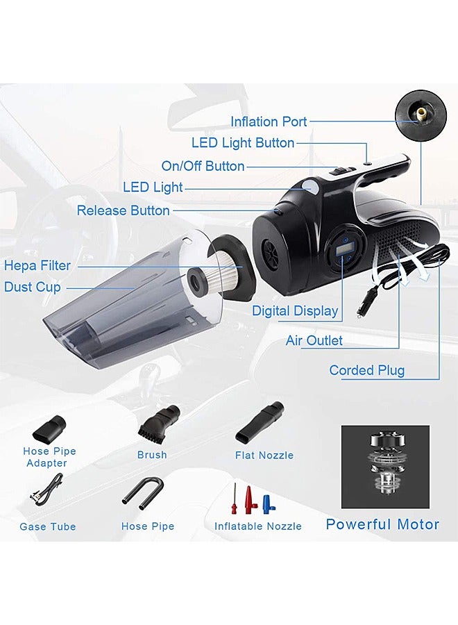 Car Vacuum Cleaner - Corded Plug Dustbuster - Handheld Vacuum Cleaner with LED Light and Inflator - 6000Pa