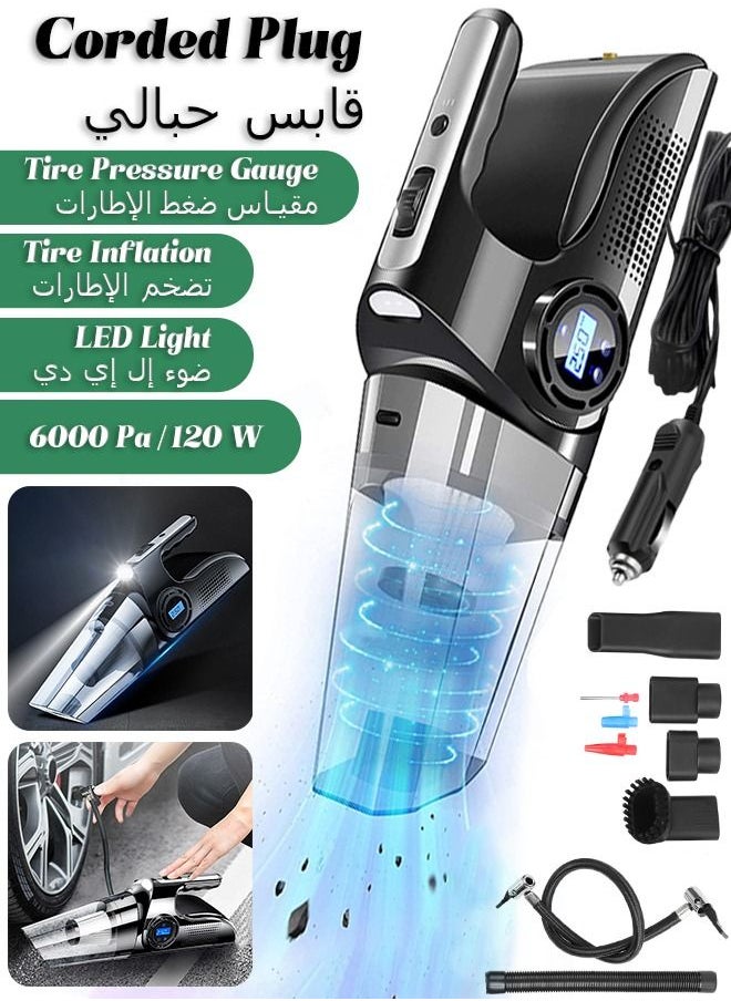 Car Vacuum Cleaner - Corded Plug Dustbuster - Handheld Vacuum Cleaner with LED Light and Inflator - 6000Pa 