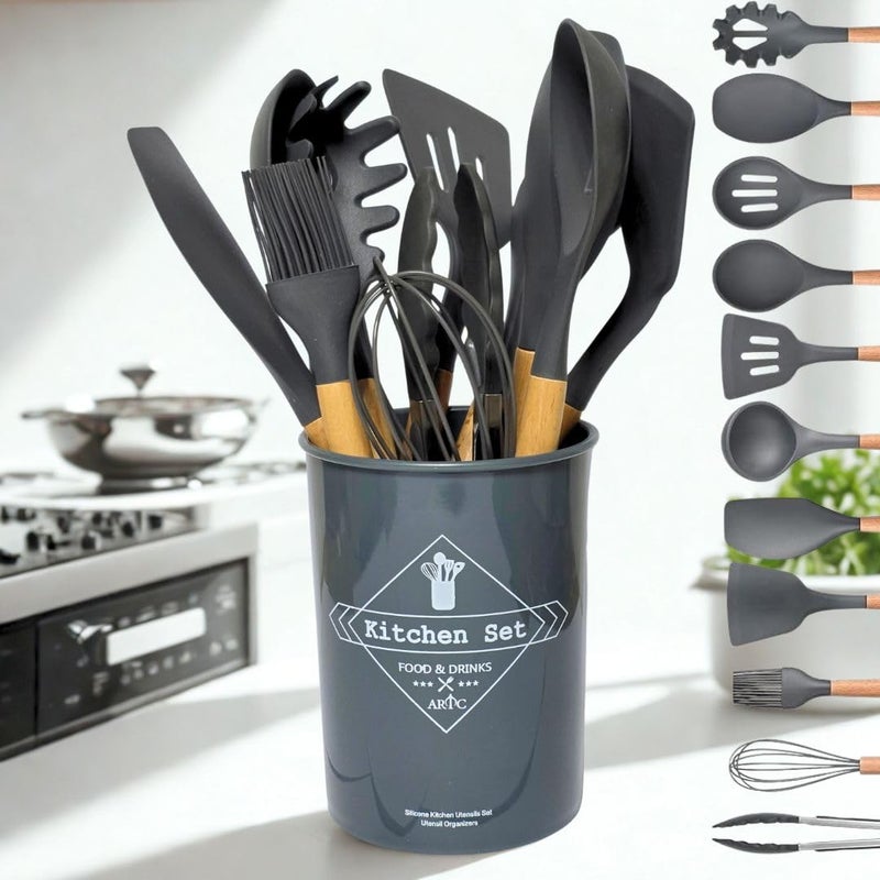 12-Piece Silicone Cooking Utensil Set with Bamboo Handles, Non-Stick Cookware Safe, Includes Holder - Image 5