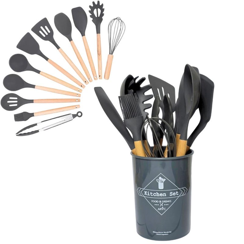 12-Piece Silicone Cooking Utensil Set with Bamboo Handles, Non-Stick Cookware Safe, Includes Holder - Image 1
