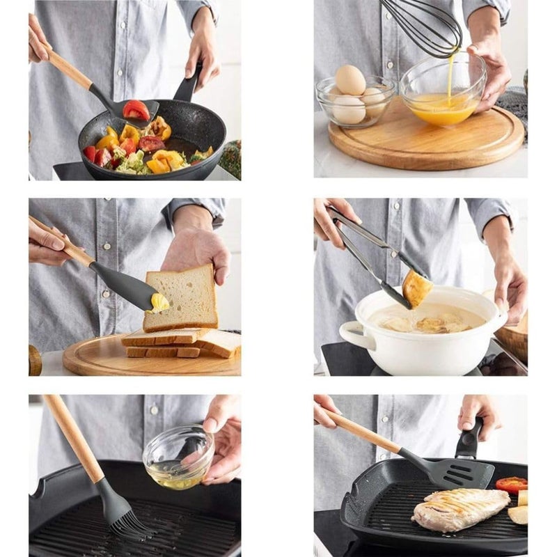 12-Piece Silicone Cooking Utensil Set with Bamboo Handles, Non-Stick Cookware Safe, Includes Holder - Image 4