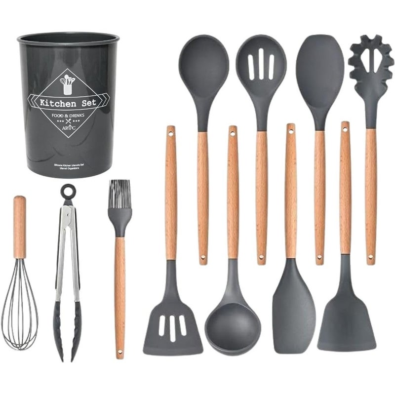 12-Piece Silicone Cooking Utensil Set with Bamboo Handles, Non-Stick Cookware Safe, Includes Holder - Image 3