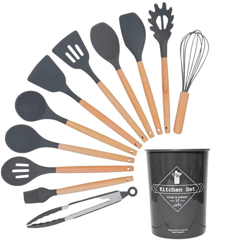 12-Piece Silicone Cooking Utensil Set with Bamboo Handles, Non-Stick Cookware Safe, Includes Holder - Image 2