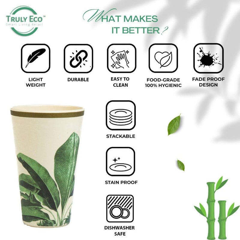 TRULY ECO SMART LIVING RETAIL Truly Eco Dinner Set - Bamboo Tumbler Glass - Non Toxic Reusable Dishwasher Safe Dinnerware Set, Eco-Friendly Biodegradable Crockery Set for Dining - 400ml Green Leaves Glass Set of 3 - Image 3