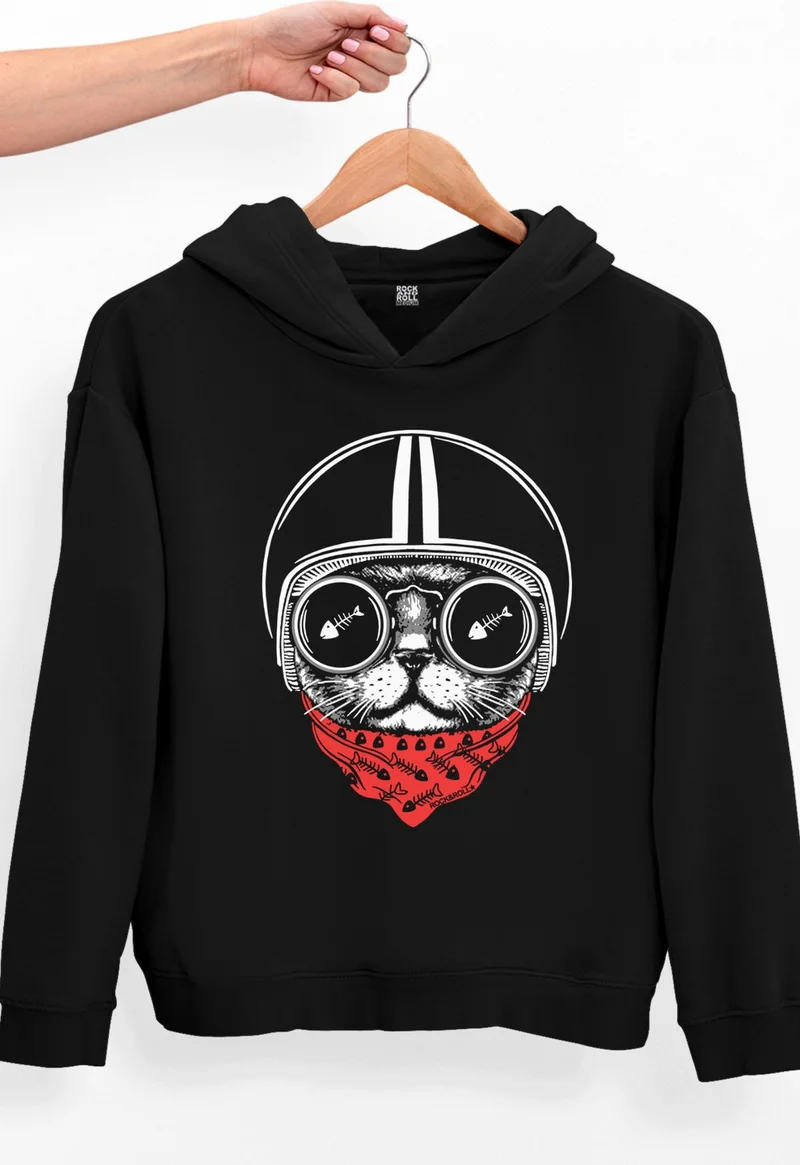 روك اند رول Rock & Roll Helmet Cat Black Oversize Hooded Thick Women's Sweatshirt