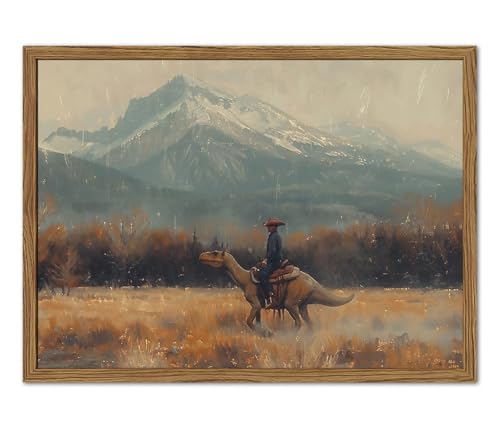 yulihaz Vintage Dinosaur Cowboy Wall Art, Funny Western Jurassic Wall Decor Painting Spooky Cowboy Riding Dinosaur Poster Canvas Prints for Bedroom Farmhouse Living Room 12x16 inch Wood Framed - Image 1
