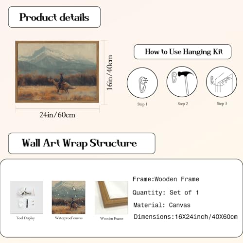 yulihaz Vintage Dinosaur Cowboy Wall Art, Funny Western Jurassic Wall Decor Painting Spooky Cowboy Riding Dinosaur Poster Canvas Prints for Bedroom Farmhouse Living Room 12x16 inch Wood Framed - Image 3