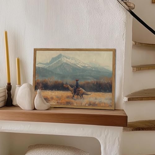 yulihaz Vintage Dinosaur Cowboy Wall Art, Funny Western Jurassic Wall Decor Painting Spooky Cowboy Riding Dinosaur Poster Canvas Prints for Bedroom Farmhouse Living Room 12x16 inch Wood Framed - Image 2