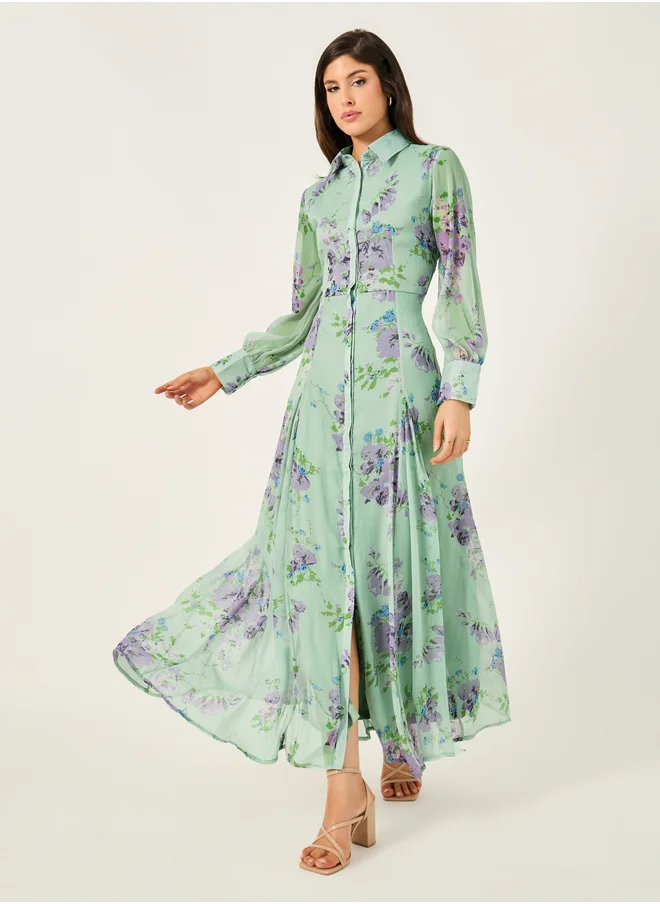 Styli Styli Floral Print Long Sleeves Shirt Maxi Dress