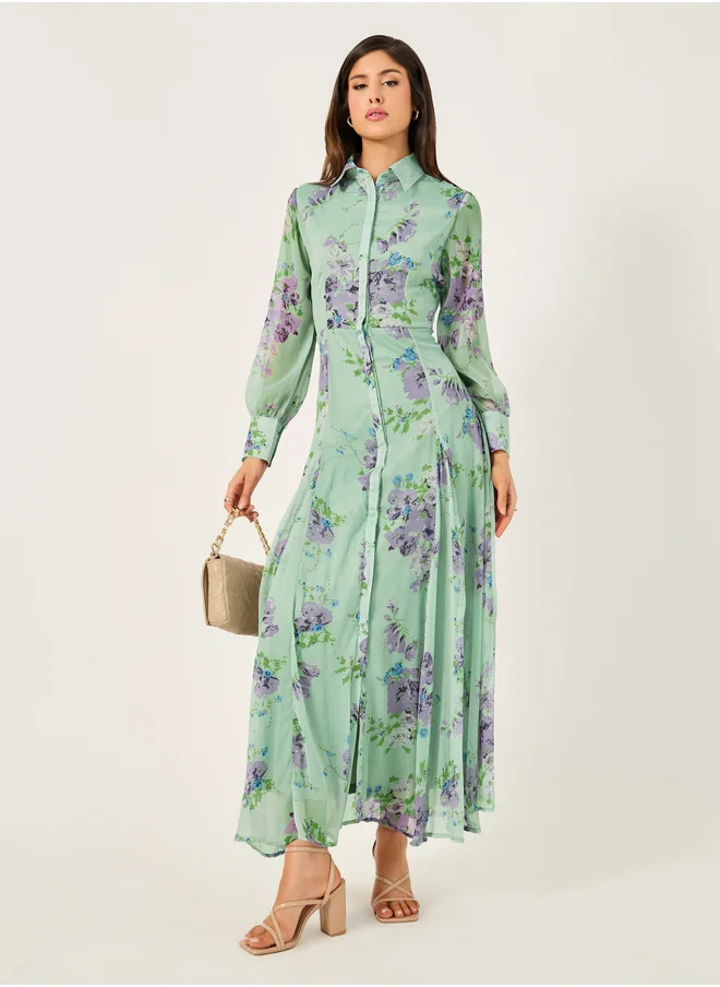 Styli Styli Floral Print Long Sleeves Shirt Maxi Dress