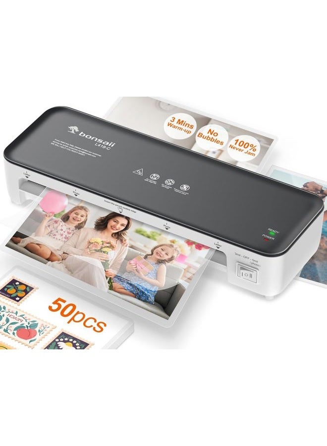 Bonsaii Laminator Machine, 9 Inch Laminator Machine with 50 Laminting Sheets, Laminator with Never Jam Technology for Doc/Posters/Photo, Simple Convenient for Home, Office and School - L418-C Grey - Image 1