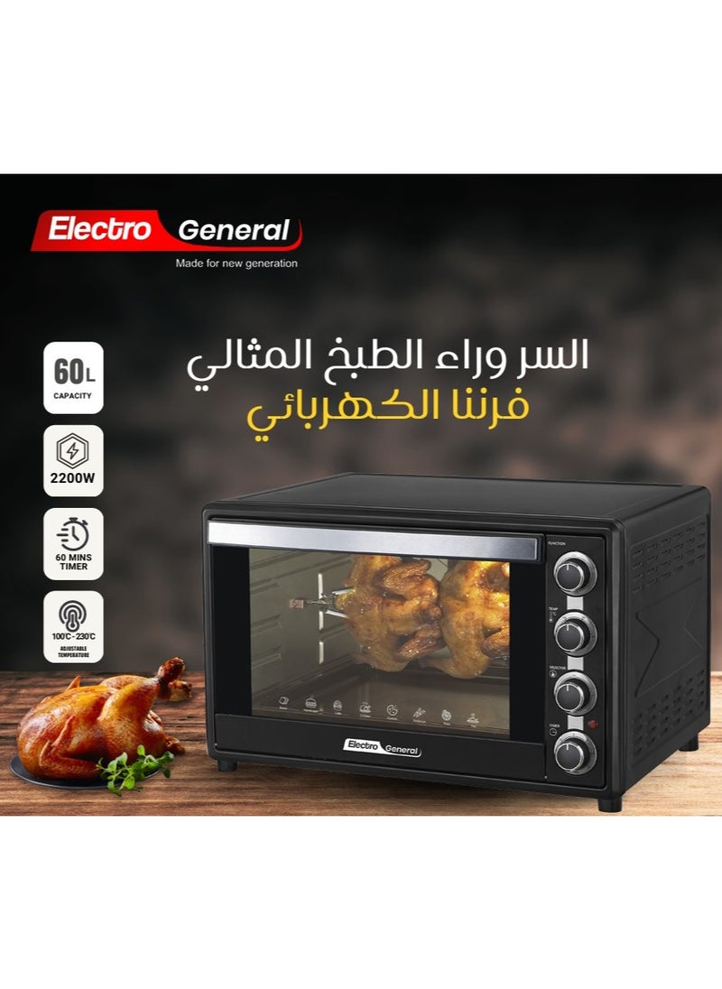Electro General - Electric Oven 60 Ltr, 2200W, Rotisserie Function, Adjustable Temperature (100-230°C), 60-Min Timer with Bell Ring, Double glass door, Durable Stainless Steel Heating Elements, Indication Light 60L and power full power 2200W SVN-60RML Black - Image 1