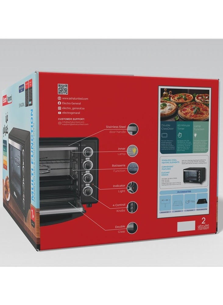Electro General - Electric Oven 60 Ltr, 2200W, Rotisserie Function, Adjustable Temperature (100-230°C), 60-Min Timer with Bell Ring, Double glass door, Durable Stainless Steel Heating Elements, Indication Light 60L and power full power 2200W SVN-60RML Black - Image 1