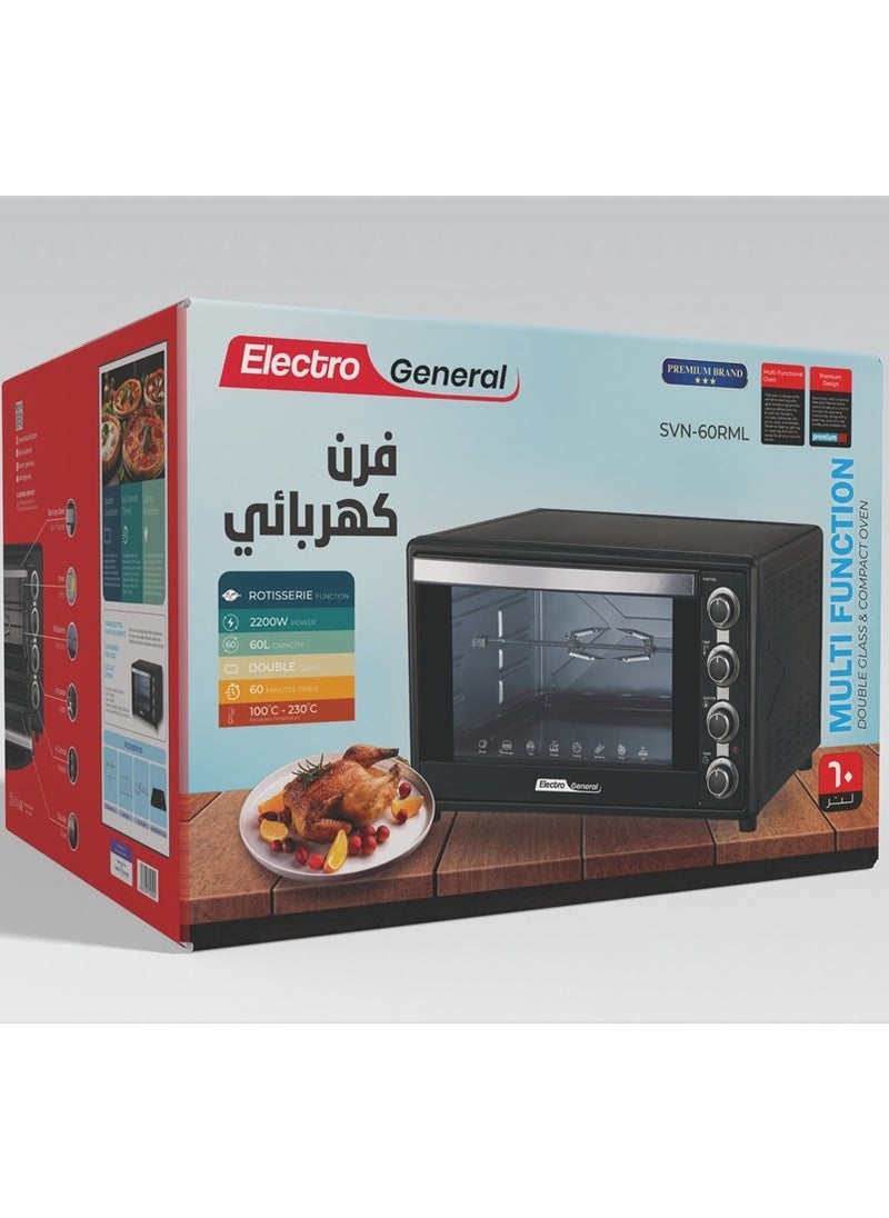 Electro General - Electric Oven 60 Ltr, 2200W, Rotisserie Function, Adjustable Temperature (100-230°C), 60-Min Timer with Bell Ring, Double glass door, Durable Stainless Steel Heating Elements, Indication Light 60L and power full power 2200W SVN-60RML Black - Image 1