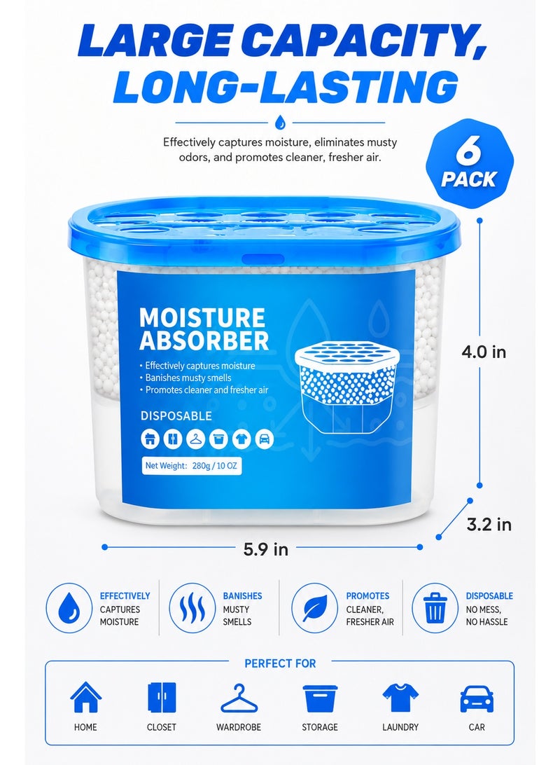 6 Pack Moisture Absorber Disposable Dehumidifier Tubs – 280g/10oz Large Capacity Humidity Absorber with Visible Water Collection for Closet, Bedroom, Bathroom, Laundry Room & Car - Image 5