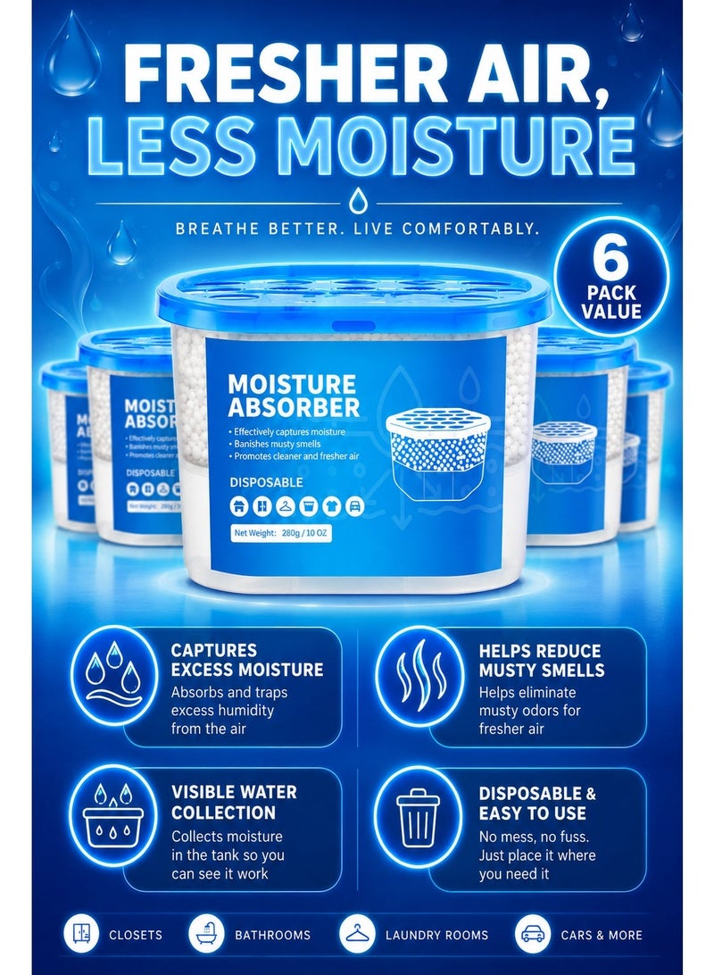 6 Pack Moisture Absorber Disposable Dehumidifier Tubs – 280g/10oz Large Capacity Humidity Absorber with Visible Water Collection for Closet, Bedroom, Bathroom, Laundry Room & Car - Image 2