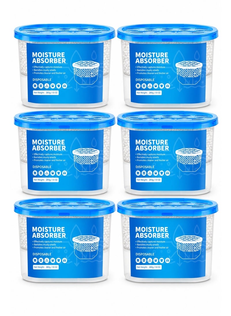 6 Pack Moisture Absorber Disposable Dehumidifier Tubs – 280g/10oz Large Capacity Humidity Absorber with Visible Water Collection for Closet, Bedroom, Bathroom, Laundry Room & Car - Image 1