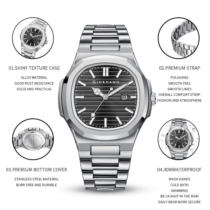 Giordano Analog Watch for Men – Textured Dial, Stainless Steel Strap, Date Display, Quartz Movement, Water Resistant - Image 5